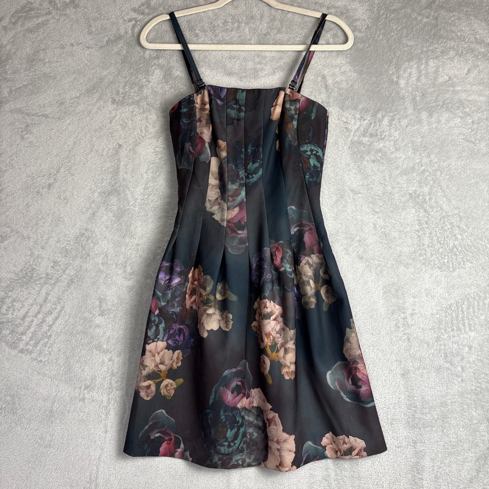 H&M Dark Floral Mini Dress Black‎ Purple Fit and Flare Size 4 Gothic Party